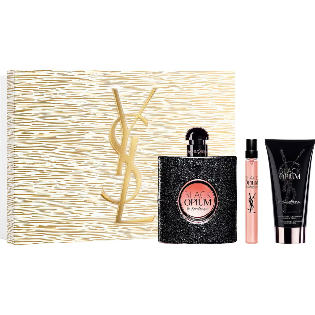 Ysl black opium 3 pcs set for women: 3 oz eau de parfum spray + 0.33 eau de parfum spray + 1.6 body lotion.