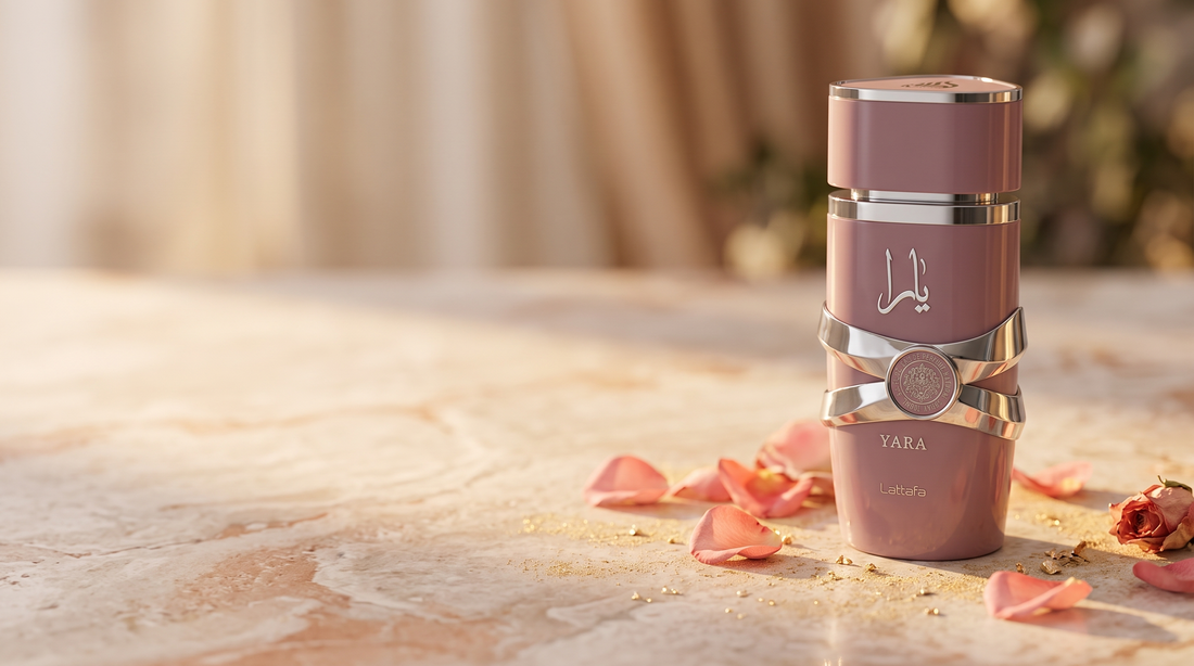Lattafa Yara perfume bottle on a cream and terracotta setting — Lattafa brand guide